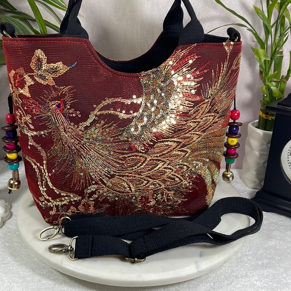 Hand Designed Red & Black Bag w/Peacock Embellishment - Picture 4 of 13